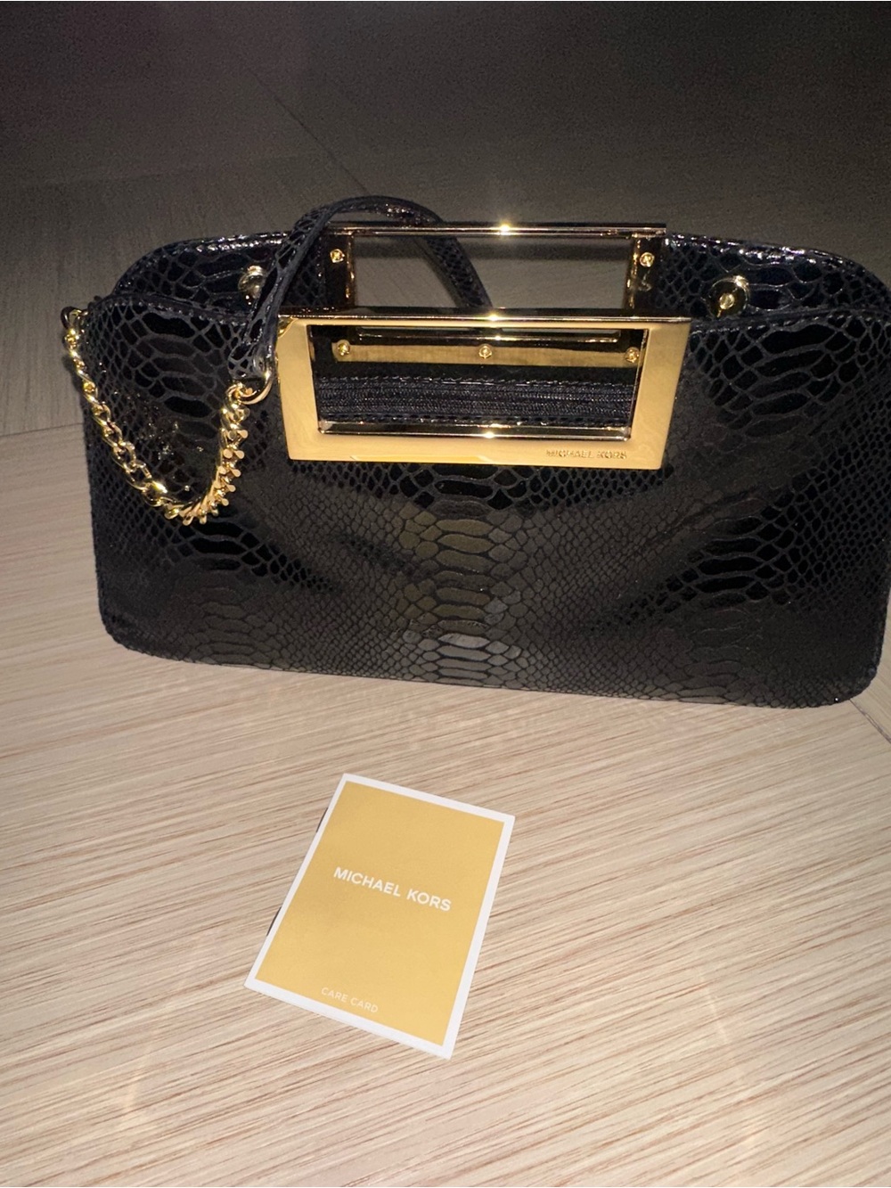 Michael Kors Black Snake-Embossed Shoulder Bag with Gold Hardware